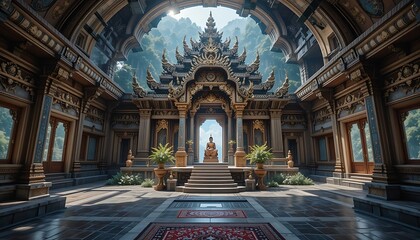 Obraz premium Stunning Golden Temple Interior with Buddha Statue, Lush Greenery, and Intricate Architectural Details