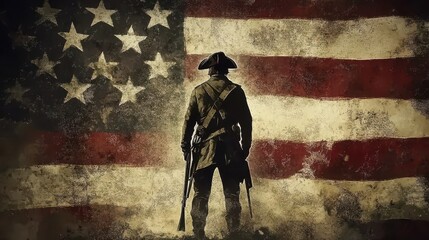 American revolution soldier standing before a distressed american flag
