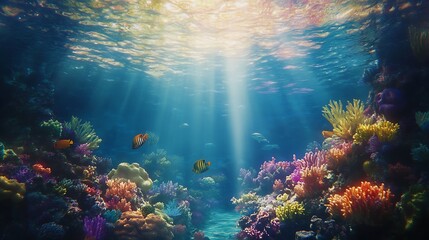 Obraz premium Vibrant Underwater Coral Reef Paradise: A Sunlit Ocean Scene