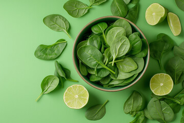 Fototapeta premium Bowl of tasty avocado salad with spinach leaves and lime on green background