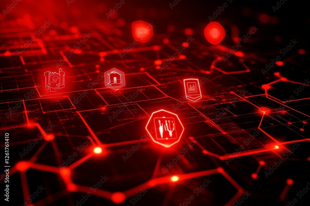 Poster abstract red network: digital technology and cybersecurity