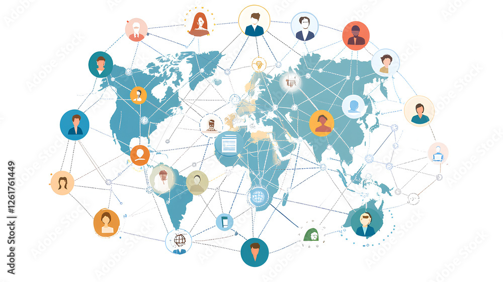 Poster global communication network concept with interconnected business nodes and human resources collabor