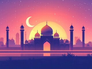 Pixel art illustration of a grand mosque at sunset, reflecting in a calm body of water. Pink and purple hues dominate the night sky, with a crescent moon visible