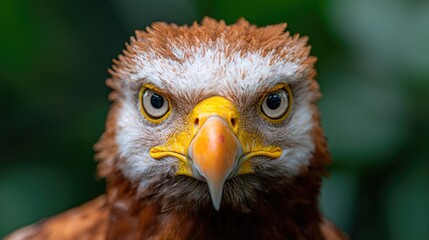 Obraz premium Close-up portrait of a fierce eagle, intense gaze, blurred green background