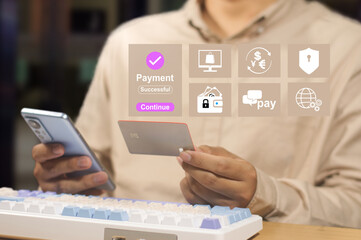 01/2568  online shopping and  payment transaction process, secure online payment, internet banking, fintech, digital money transfer, e-commerce, wallet app concept 