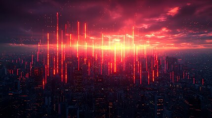 Red digital sunset over city skyline, data streams, futuristic background