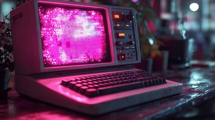 Retro computer screen glitch, cyberpunk bar, pink light