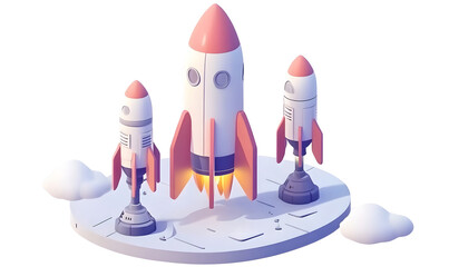 Three rockets launching from a platform, cloud background, startup concept