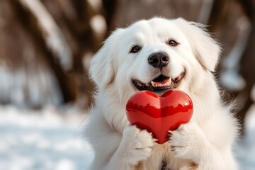Cute great pyrenees pup with diamond red heart on a walk in a winter green space. Great pyrenees - my preferred dog, symbol of friendship. Commercial critter concept pattern. Fluffy pet love.