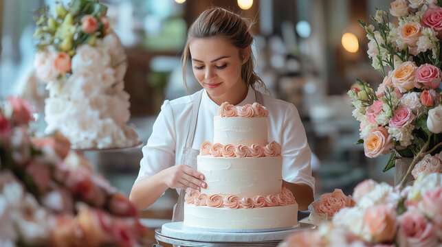 A female baker icing a three-tiered wedding cake with precision, surrounded by colorful flowers and elegant cake decor in a pristine bakery