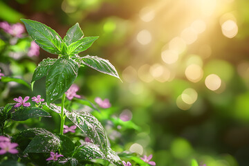 A dark room with moonlight shining on a glowing, levitating basil plant surrounded by swirling mist. Mystical, enchanting, surreal.