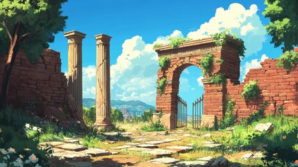 Fototapeta premium Ruins of an old Greek building stand among a summery landscape. Brick columns and a gate lie broken and overgrown, remnants of a once-grand city.