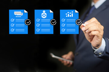 01/2568 Business performance checklist, satisfaction, and productivity evaluation concept, online...