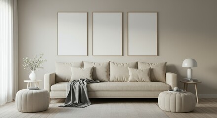 Minimalist living room, neutral color palette, beige sofa, white walls, three blank canvas frames, round ottoman, textured throw blanket, ceramic vase with branches, table lamp, muted tones, contempor