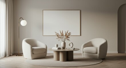 Minimalist living room, neutral tones, curved armchairs, round wooden coffee table, textured wall, pendant light, dried floral arrangement, large blank canvas artwork, arched doorway, soft lighting, c