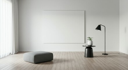 Minimalist living room, white brick wall, gray modular sofa, black floor lamp, round side table, hardwood flooring, natural light, empty wall space, modern interior design, monochromatic color scheme,