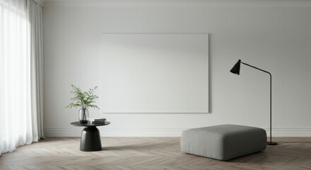 Minimalist living room, white brick wall, gray modular sofa, black floor lamp, round side table, hardwood flooring, natural light, empty wall space, modern interior design, monochromatic color scheme,