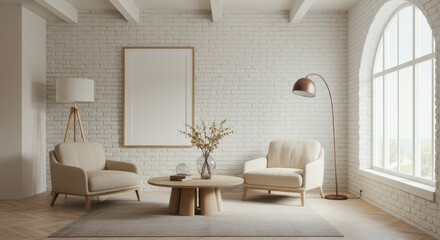 Minimalist living room, white brick walls, arched window, natural light, beige armchairs, wooden coffee table, potted plant, floor lamp, empty picture frame, exposed wooden beams, hardwood floor, Scan