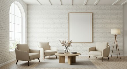 Minimalist living room, white brick walls, arched window, natural light, beige armchairs, wooden coffee table, potted plant, floor lamp, empty picture frame, exposed wooden beams, hardwood floor, Scan