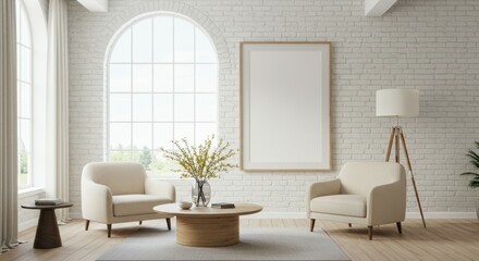 Fototapeta premium Minimalist living room, white brick walls, arched window, natural light, beige armchairs, wooden coffee table, potted plant, floor lamp, empty picture frame, exposed wooden beams, hardwood floor, Scan