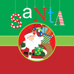 Christmas card design with Santa and gifts