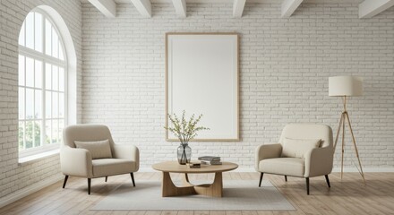 Minimalist living room, white brick walls, arched window, natural light, beige armchairs, wooden coffee table, potted plant, floor lamp, empty picture frame, exposed wooden beams, hardwood floor, Scan