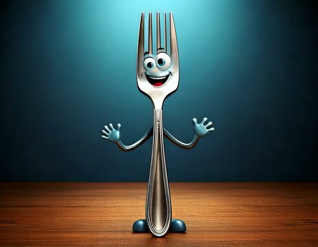 3D Cute Fork Character Waving and Looking Friendly