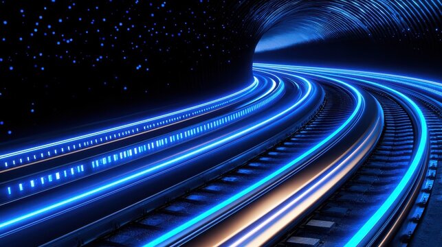 A vibrant depiction of glowing train tracks inside a tunnel, showcasing modern transportation technology.