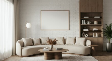 Modern minimalist living room, neutral color palette, beige sectional sofa, wooden coffee table, built-in shelving, large white canvas art, potted plant, natural light, cozy interior design, earth ton