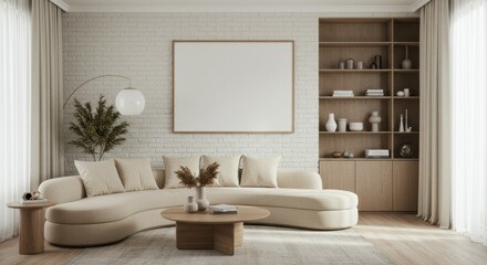 Modern minimalist living room, neutral color palette, beige sectional sofa, wooden coffee table, built-in shelving, large white canvas art, potted plant, natural light, cozy interior design, earth ton