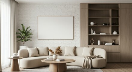 Obraz premium Modern living room, minimalist design, L-shaped beige sofa, white brick wall, wooden flooring, hanging pendant light, large empty picture frame, potted plant, dark accent wall, neutral color palette, 