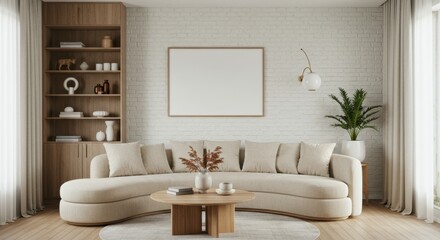 Modern living room, minimalist design, L-shaped beige sofa, white brick wall, wooden flooring, hanging pendant light, large empty picture frame, potted plant, dark accent wall, neutral color palette, 