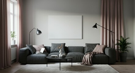 Modern living room, minimalist interior, dark green sofa, white brick wall, large windows, natural light, pink curtains, black floor lamp, coffee table, potted plant, cozy throw pillows, hardwood floo