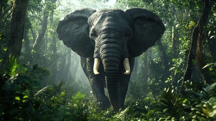 Fototapeta premium Majestic African Elephant in Lush Tropical Rainforest Setting: A Breathtaking Wildlife Encounter