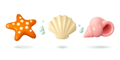 Shell and starfish vector 3d icon set. Cartoon sea life design elements with water bubbles isolated on white background.