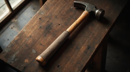 Hammer lying on a wooden workbench in natural light, rustic atmosphere with slight dust in the air, focusing on the tool and its texture