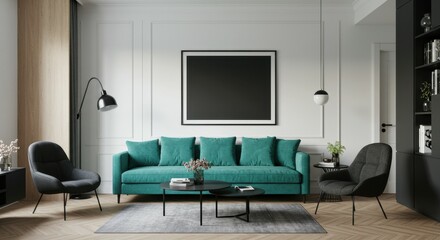 Interior design, living room, teal velvet sofa, modern decor, black and white artwork, white walls, gray armchair, floor lamp, coffee table, minimalist style, houseplant, natural light, hardwood floor