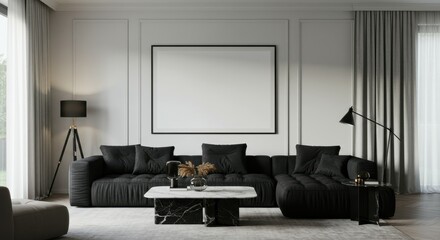 Fototapeta premium Modern minimalist living room, dark gray velvet sofa, white walls, large abstract artwork, floor lamp, coffee table, monochromatic color scheme, elegant interior design, symmetrical composition, soft 