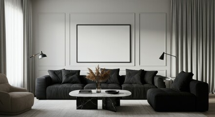 Modern minimalist living room, dark gray velvet sofa, white walls, large abstract artwork, floor lamp, coffee table, monochromatic color scheme, elegant interior design, symmetrical composition, soft 