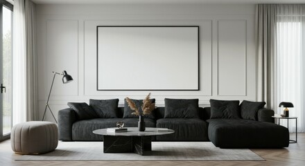 Modern minimalist living room, dark gray velvet sofa, white walls, large abstract artwork, floor lamp, coffee table, monochromatic color scheme, elegant interior design, symmetrical composition, soft 