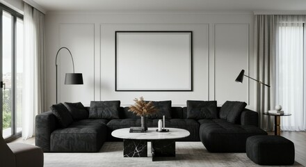 Modern minimalist living room, dark gray velvet sofa, white walls, large abstract artwork, floor lamp, coffee table, monochromatic color scheme, elegant interior design, symmetrical composition, soft 