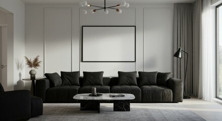 Modern minimalist living room, dark gray velvet sofa, white walls, large abstract artwork, floor lamp, coffee table, monochromatic color scheme, elegant interior design, symmetrical composition, soft 