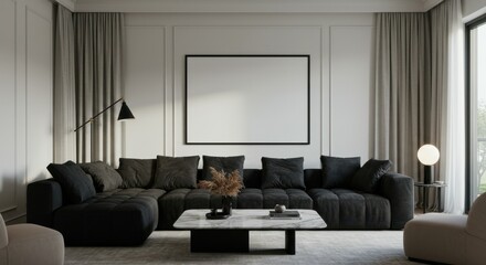 Modern minimalist living room, dark gray velvet sofa, white walls, large abstract artwork, floor lamp, coffee table, monochromatic color scheme, elegant interior design, symmetrical composition, soft 