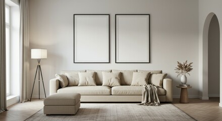 Minimalist living room, beige modular sofa, white brick wall, empty picture frames, tripod floor lamp, neutral tones, cozy interior, natural light, potted plant, modern decor, Scandinavian style, calm