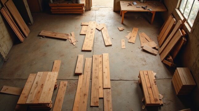 Scattered wooden planks on a workshop floor, raw and unfinished texture, natural light with soft shadows creating a rustic and authentic woodworking vibe