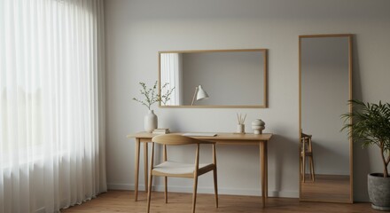 Minimalist home office, wooden desk, mirror, chair, potted plant, natural light, sheer curtains, neutral colors, scandinavian design, cozy workspace, wall lamp, clean lines, soft shadows, warm tones, 