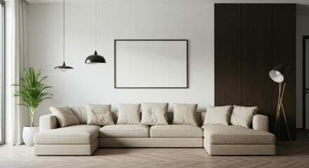 Modern minimalist living room, cream colored sectional sofa, large white canvas on wall, black pendant lights, potted plant, wooden floor, contrasting dark and light walls, natural lighting, interior 