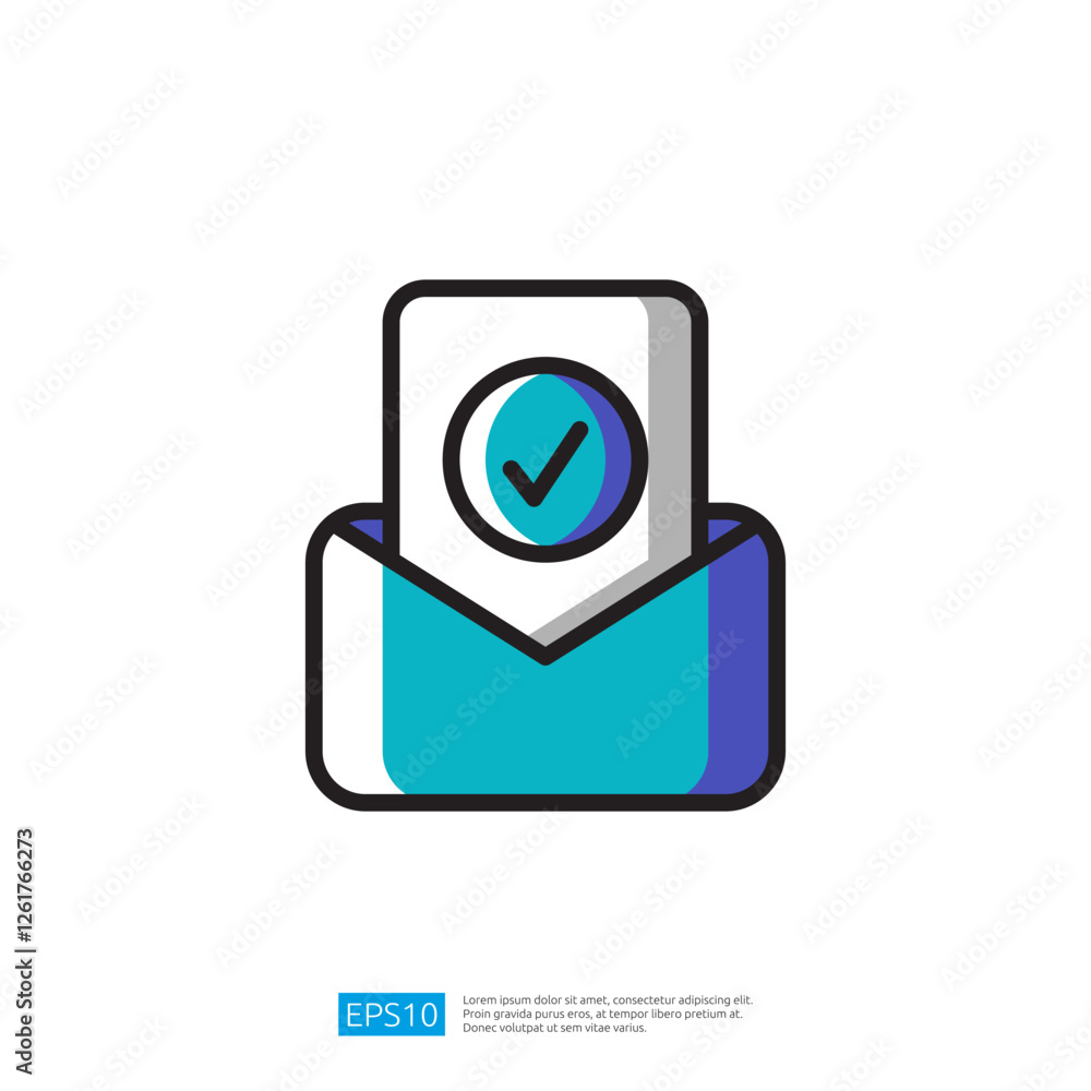 Poster a stylized illustration icon of an envelope with a document inside, featuring a checkmark, symbolizi