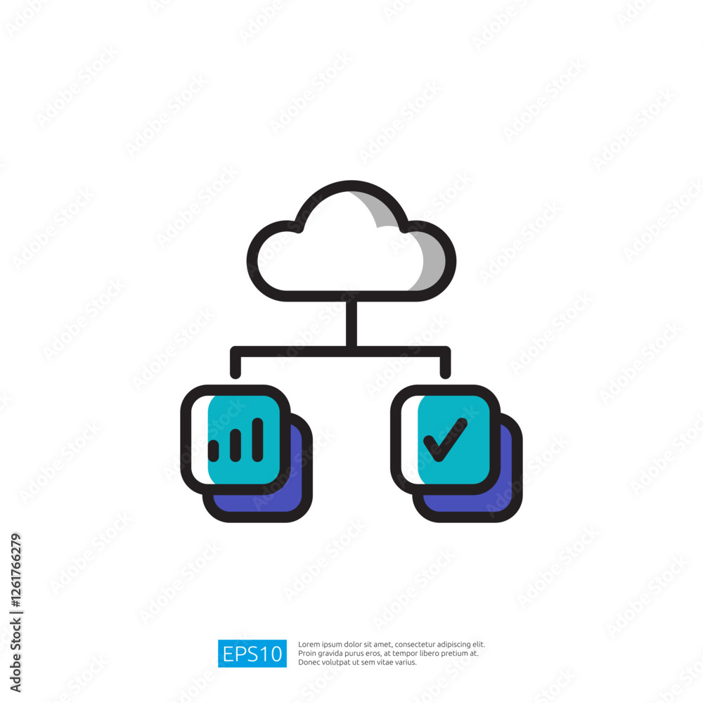 Poster a cloud symbol connected to two boxes, one displaying a graph and the other a checkmark, representin
