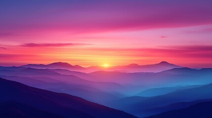 Obraz premium Vibrant sunrise over majestic mountain range, peaceful landscape, serene nature scene, ideal for travel brochures